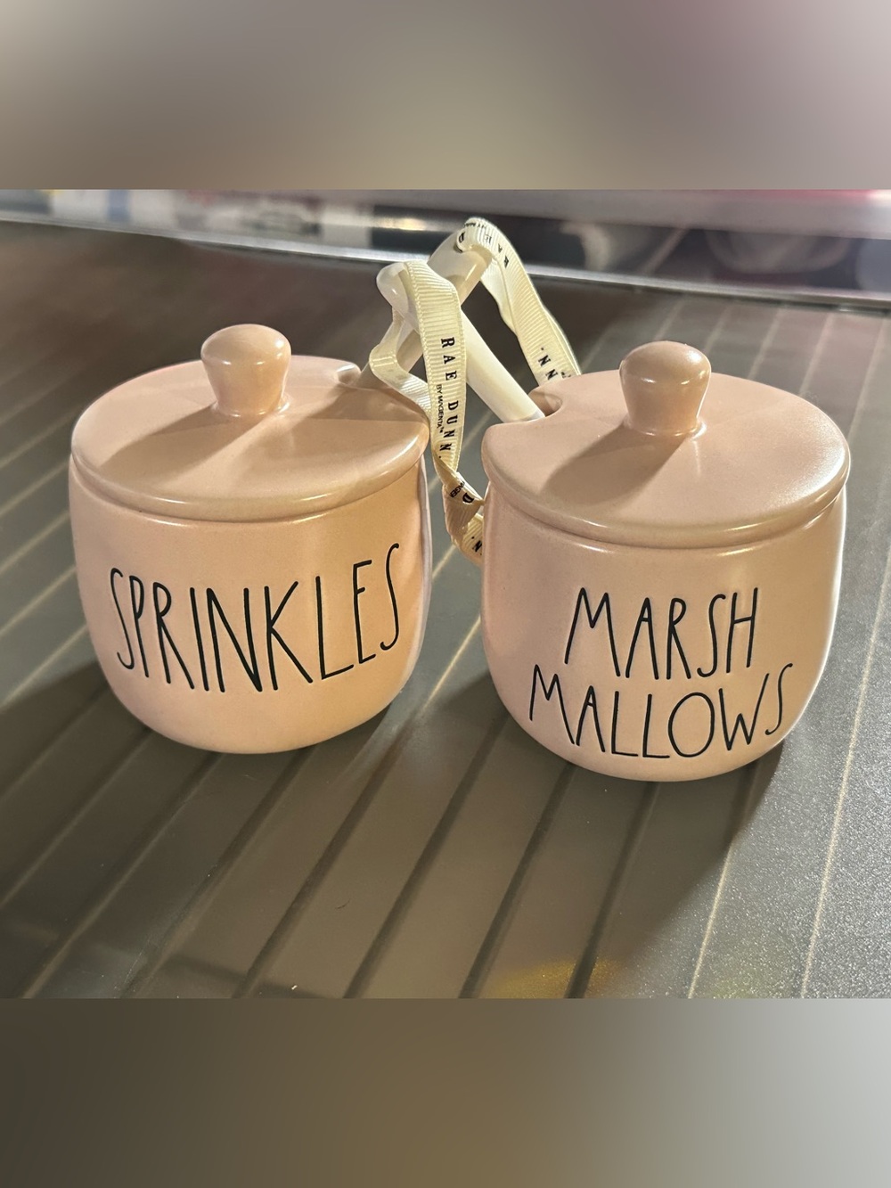 Rae Dunn Blush Pink Ceramic Canister Duo - "Sprinkles" & "Marshmallows"